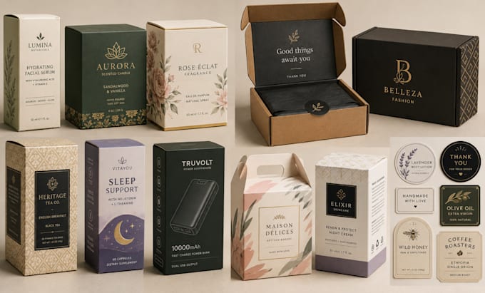 design product box packaging, folding carton, mailer or retail boxes and label