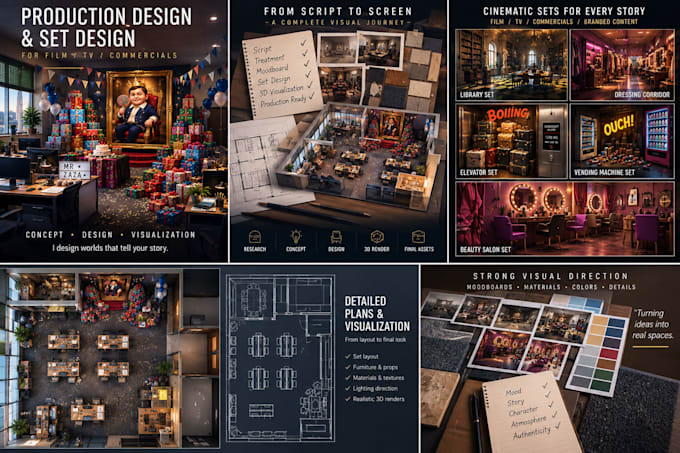 create cinematic production design and set design concepts
