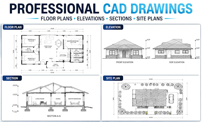 draft residential cad floor plans, elevations, sections and site plans