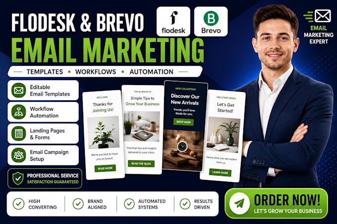 setup flodesk email automations, klaviyo workflows and brevo email campaigns