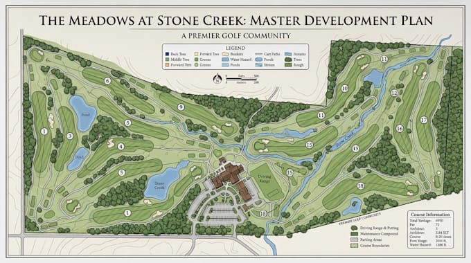 design golf course maps, vector maps, golf map illustrations and disc golf maps