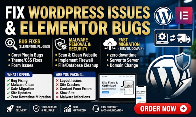 fix wordpress issues elementor bugs, malware, and migrate wordpress website