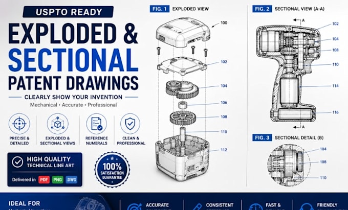 create exploded and sectional patent drawing for mechanical product invention