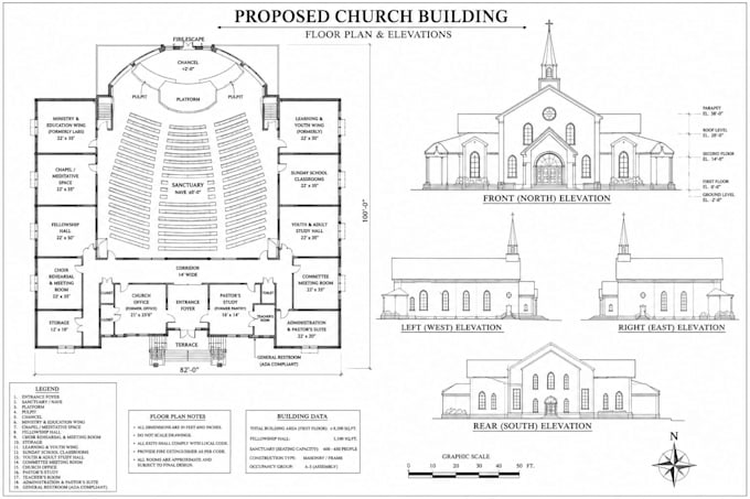 design church interior exterior, sanctuary, elevation and 3d rendering