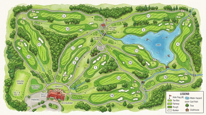 create an illustrated golf course map with fairways, holes, paths and icons