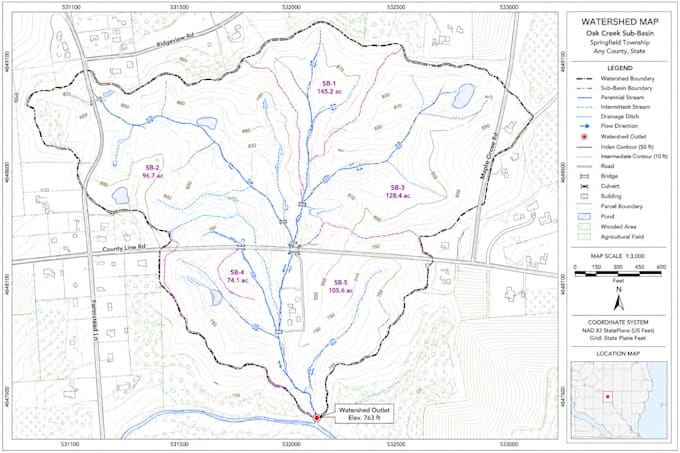 create floodplain, watershed, wetland and environmental gis maps