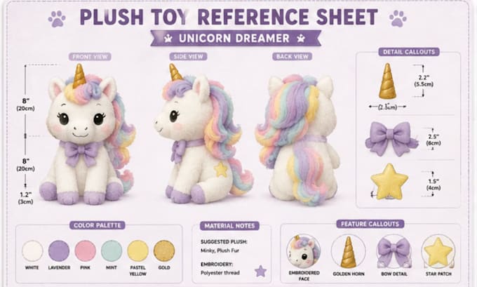 design custom plushie reference sheet,stuffed toy,plush toy character,tech pack