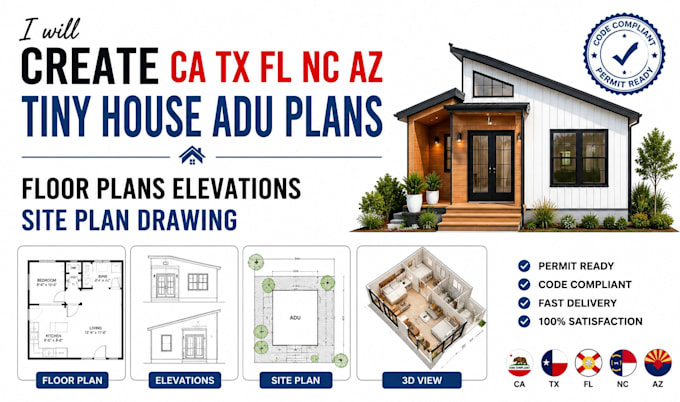 ca tx fl nc az tiny house adu plans floor plans elevations site plan drawing
