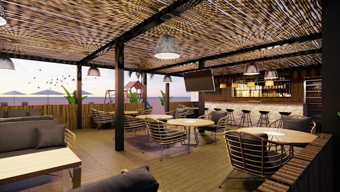 design 3d cgi bar beach, seaside bar, beach house layout, vacation home