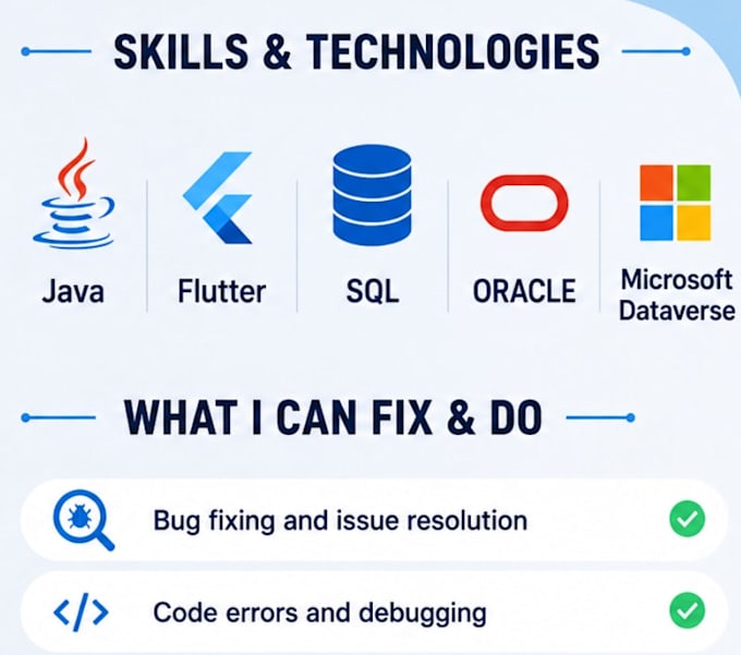 develop and fix your java flutter and sql projects