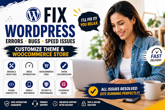 fix wordpress errors bugs speed issues customize theme and woocommerce store fix
