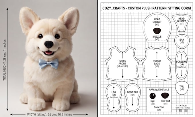 create a custom plush sewing pattern for plush stuffed animal and tech pack
