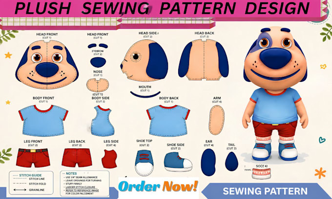 create a custom character plush sewing pattern for stuffed animals plush toys