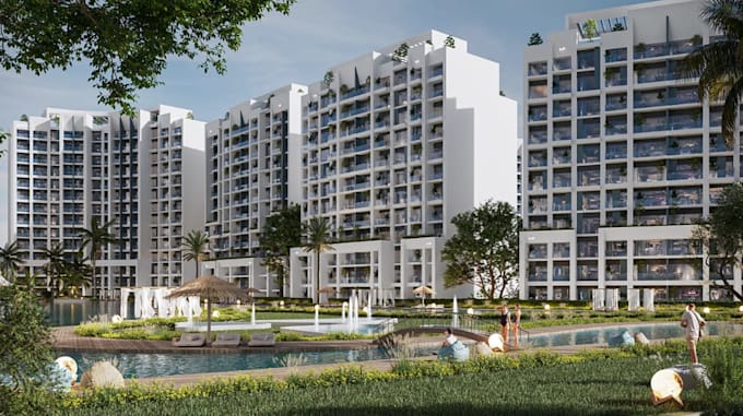 luxury 3d condo apartment, tropical landscape,resort poolside, waterfront render