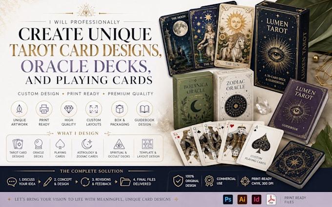 create unique tarot card designs, oracle decks, and playing cards