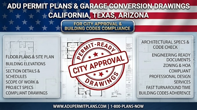 create adu permit plans, garage conversion ca tx az for city approval drawings