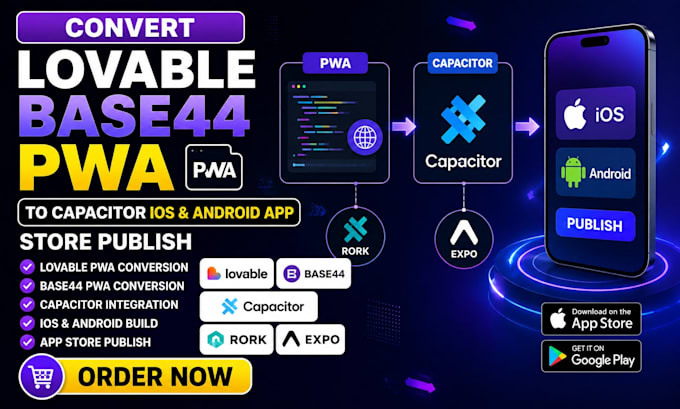 convert lovable base44 pwa to capacitor ios android app store publish rork expo