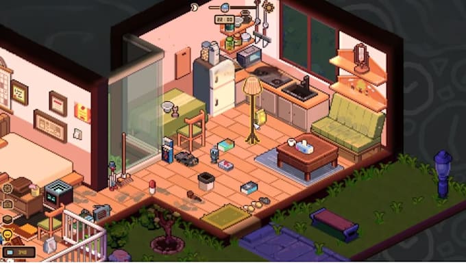 draw pixel art landscape background scene room interior tilemap props platformer