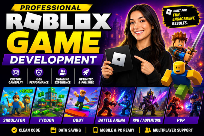 develop roblox game, simulator, tycoon, obby, battel arena, rpg, pvp, adventure