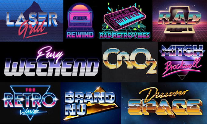 make 80s retro logo designs with neon sign chrome effects