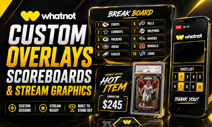 design custom whatnot scoreboards and card break boards for live streams