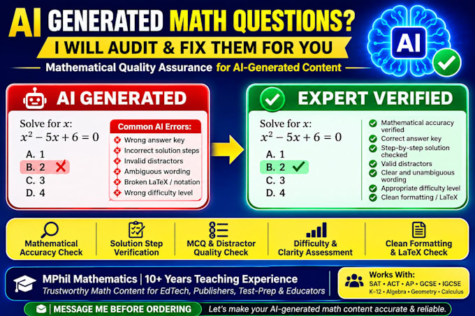 audit and fix ai generated math questions, tests, and question banks