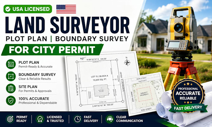 provide USA licensed land surveyor, plot plan, boundary survey for city permits