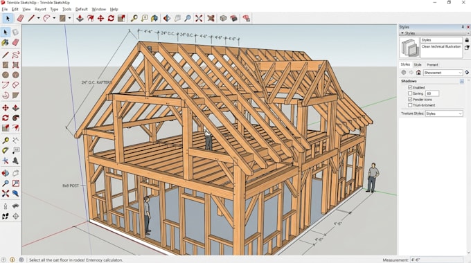 model timber framing, wood structure, roof framing, construction in sketchup