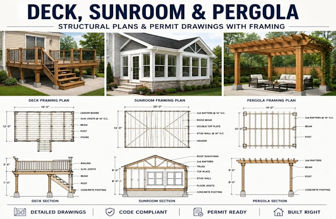 prepare deck, sunroom, pergola structural plans and permit drawings with framing