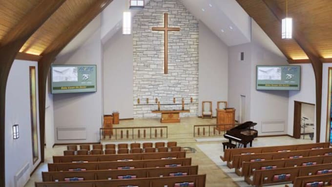 design 3d church interior, sanctuary, rendering and floor plan
