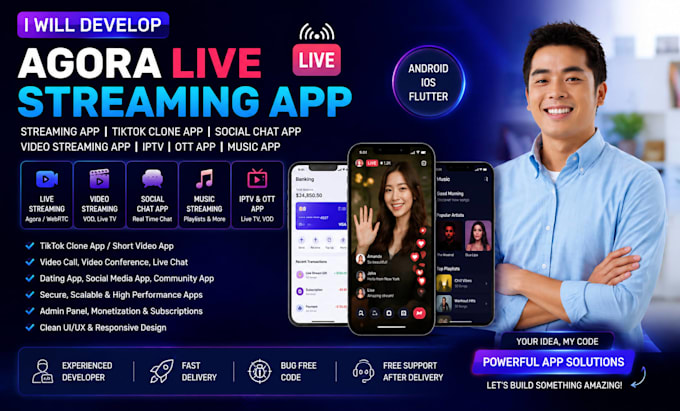develop agora live streaming app tiktok clone app music app streaming app TV app