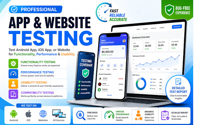 test  android app, ios app, or website for functionality and performance
