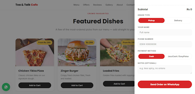 design a restaurant website with whatsapp ordering