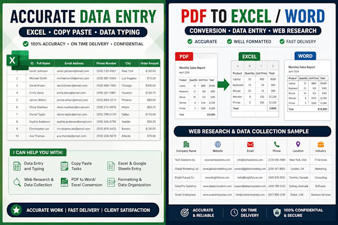 do accurate data entry, excel data entry and web research