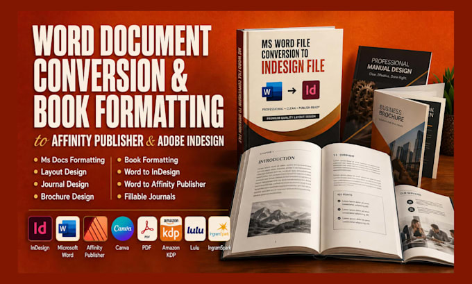 do ms word formatting, worbook document, in affinity publisher, adobe indesign