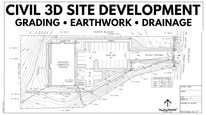 create civil 3d grading plan, earthwork, cut fill and site plan