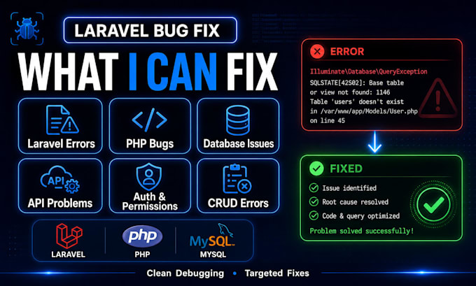 fix laravel bugs, PHP errors, mysql and API issues