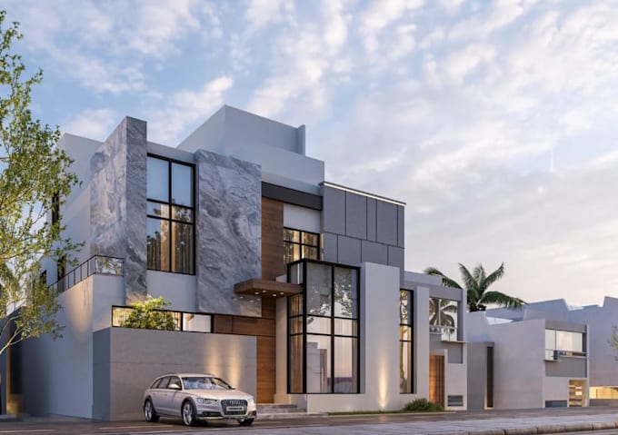 render modern luxury house,3d exterior design, front elevation, villa facade,cgi