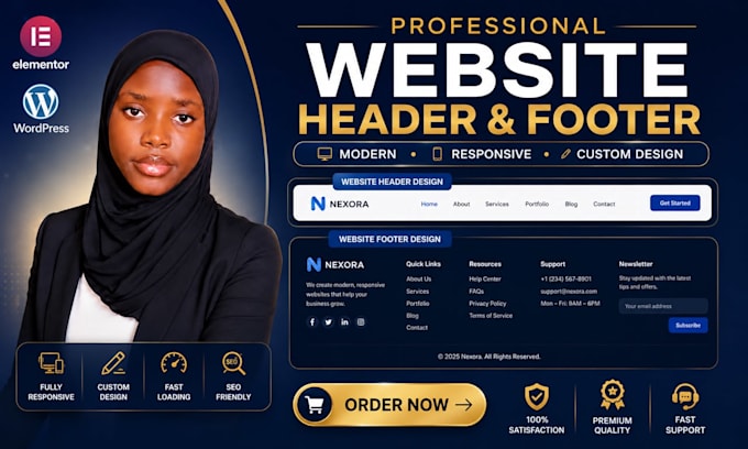 design a professional responsive website header and footer