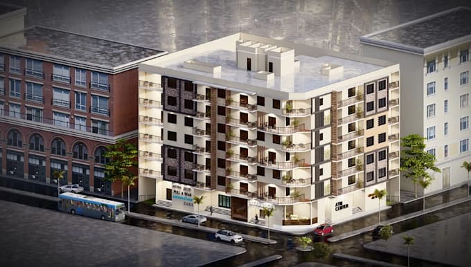 visualize mixed use building, real estate development, urban masterplan render