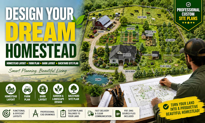 design homestead layout, farm plan, barn layout and backyard design site plan