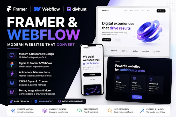 design develop modern responsive framer webflow website landing page, animations