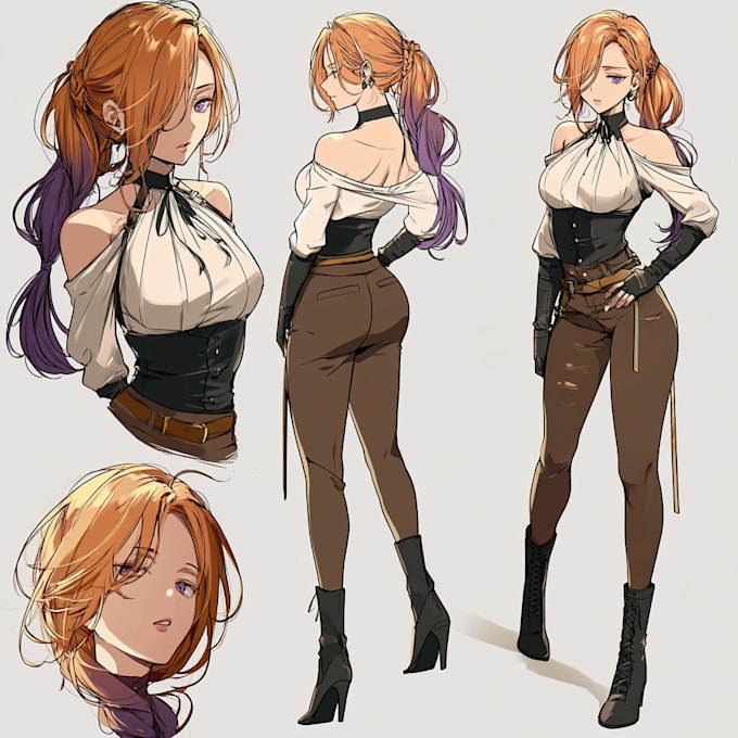 design an anime character reference sheet with multiple