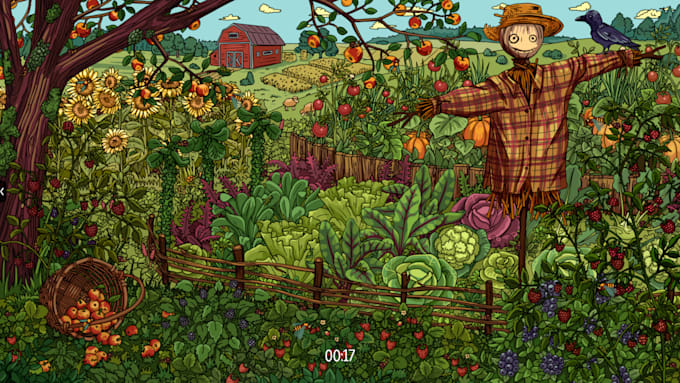 illustrate detailed hidden object game scene