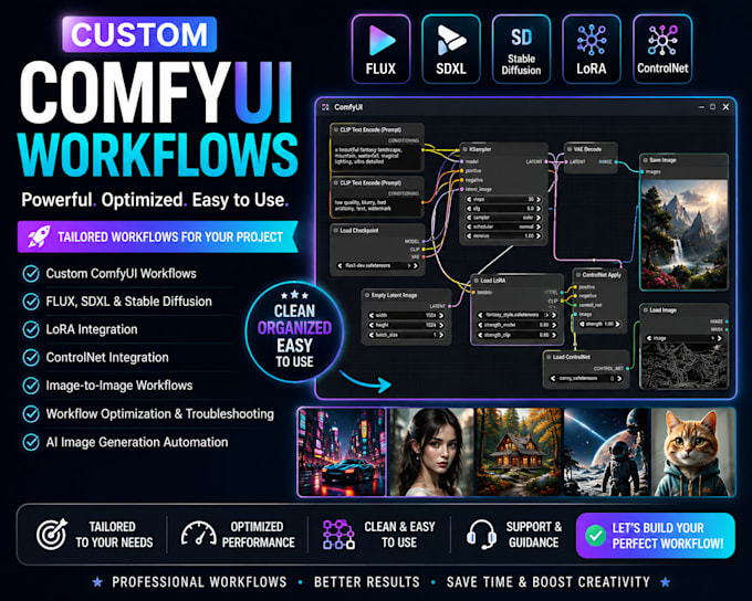 create custom comfyui workflows for flux stable diffusion sdxl and lora