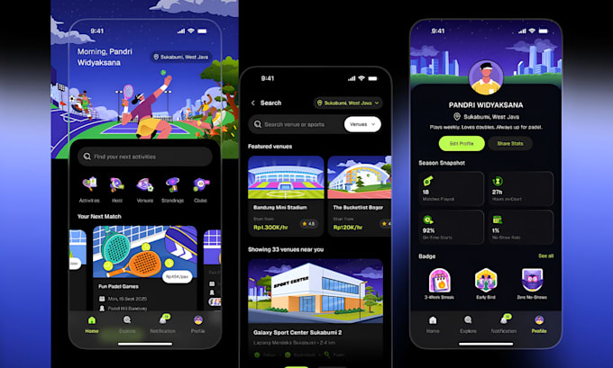 sports website mobile app ui ux design with custom illustrations