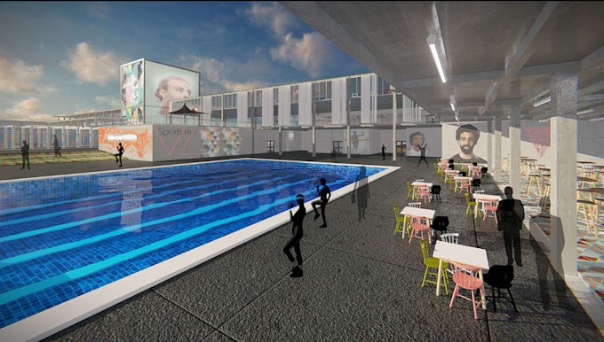 produce 3d modern recreational center from master plan for municipal development