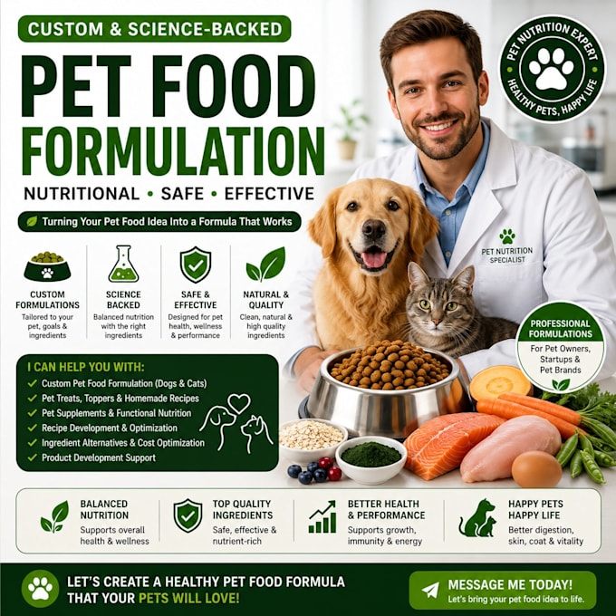develop custom pet food formulation, supplements and nutrition recipes