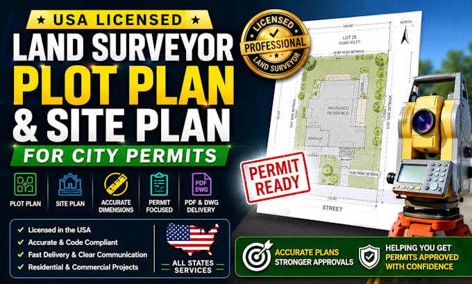 provide USA licensed land surveyor, plot plan, site plan for city permits