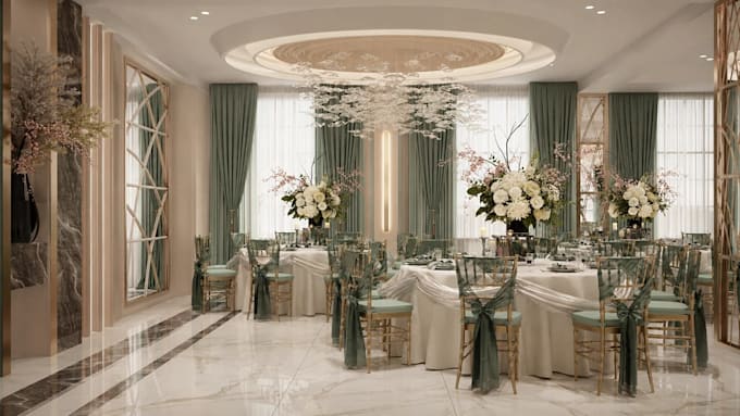 photorealistic wedding interior decor, event hall 3d rendering, commercial space